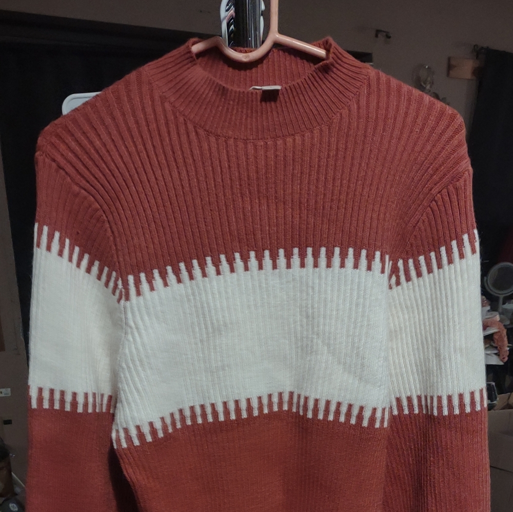 Woman's Fashion on Earth burnt orange and white turtleneck sweater size Large